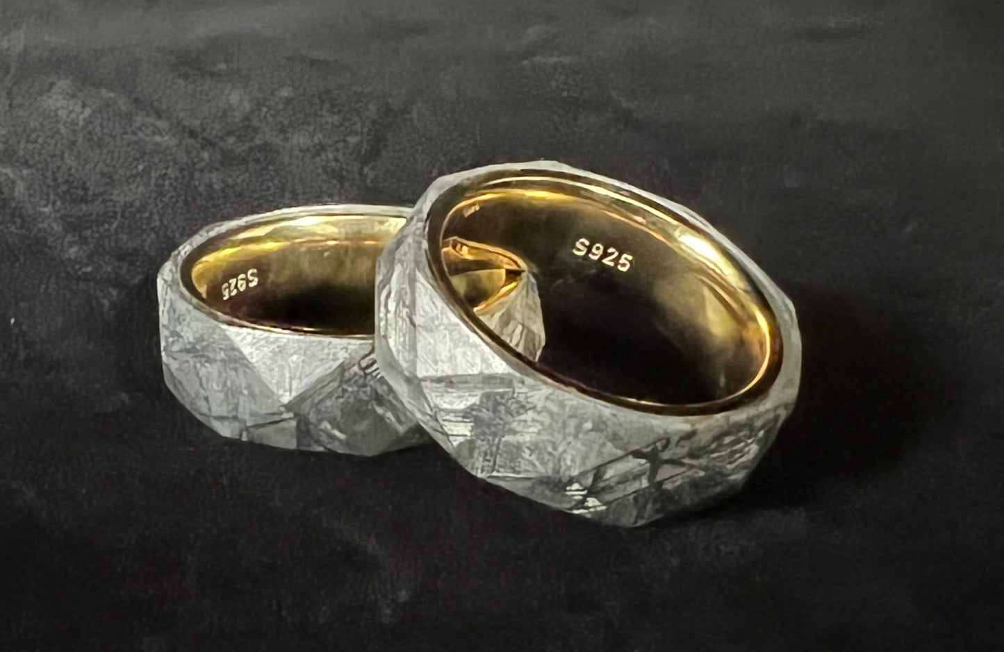 Faceted meteorite band with gold insert