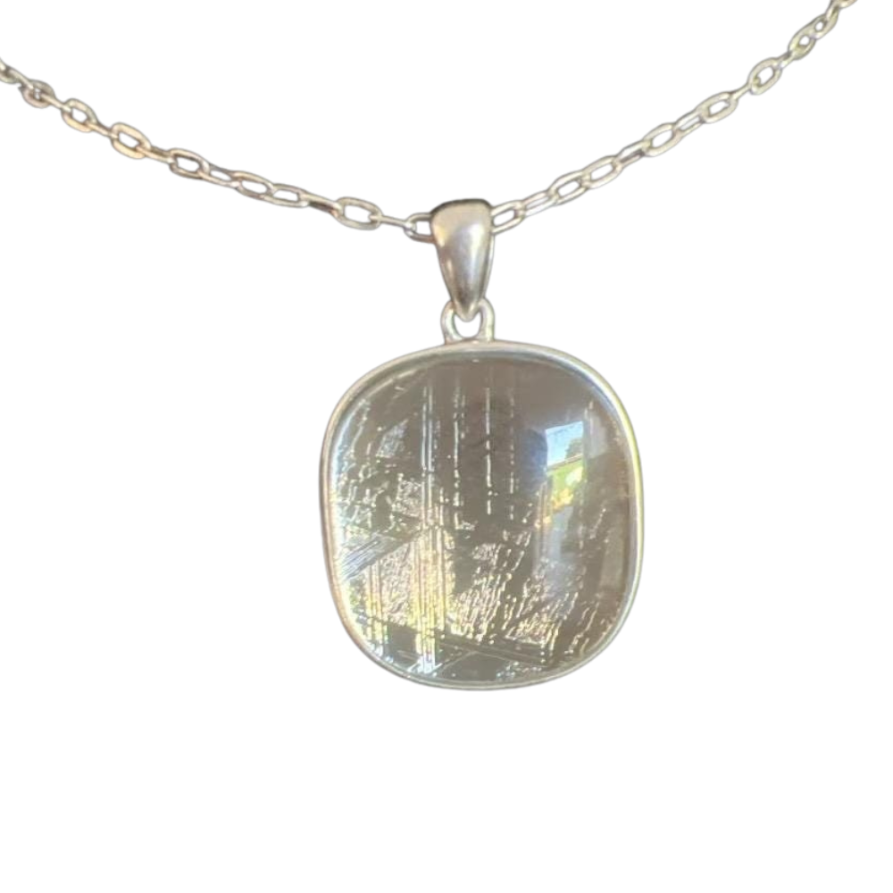 Muonionalusta Meteorite Pendant: Sterling Silver, Quartz Cap, 1-inch