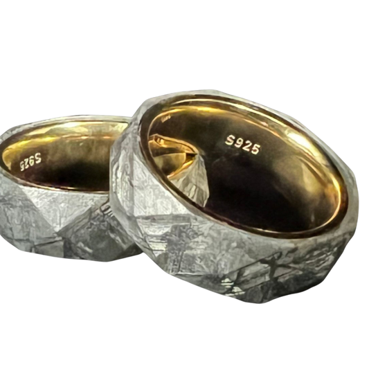 Faceted meteorite band with gold insert