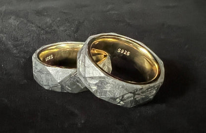Faceted meteorite band with gold insert