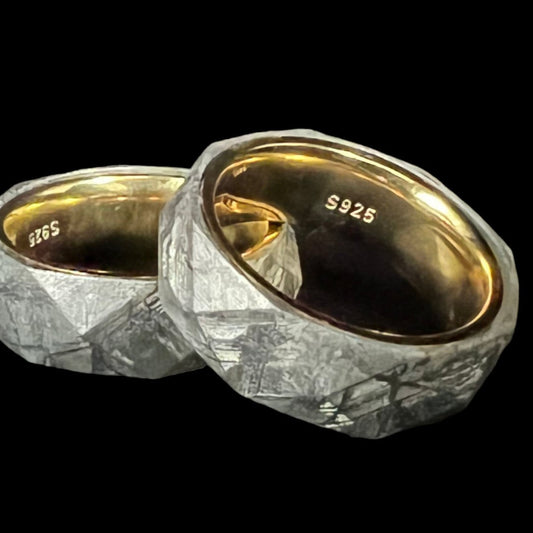 Two meteorite rings, one interior gold and one interior silver, on a black background